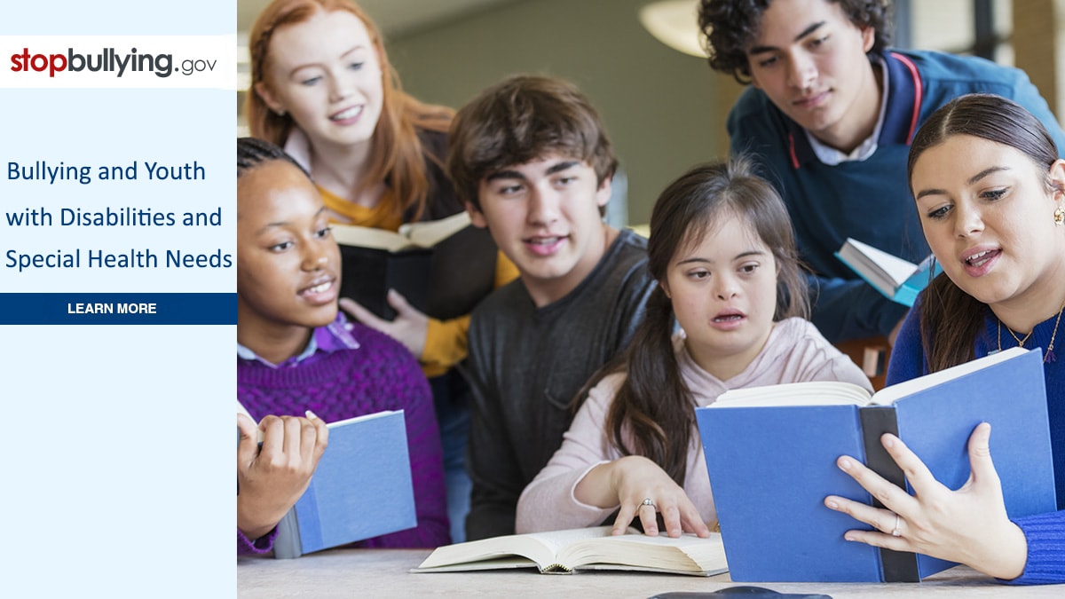 stopbullying.gov button with image of one student with down syndrome reading with other students