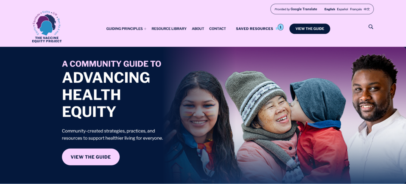 Screenshot of the Vaccine Equity home page that shoes people smiling and highlights the Community Guide to Advancing Health Equity