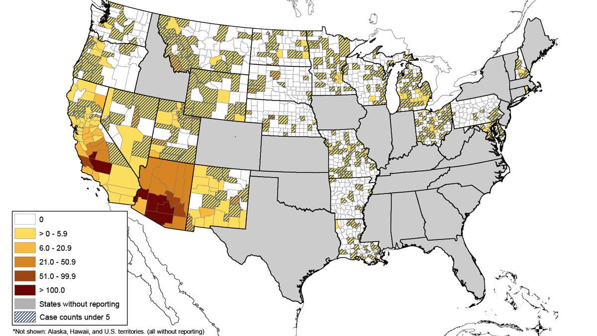 This map shows the average incidence of reported Valley fever per 100,000 people, by county, during 2011–2017.