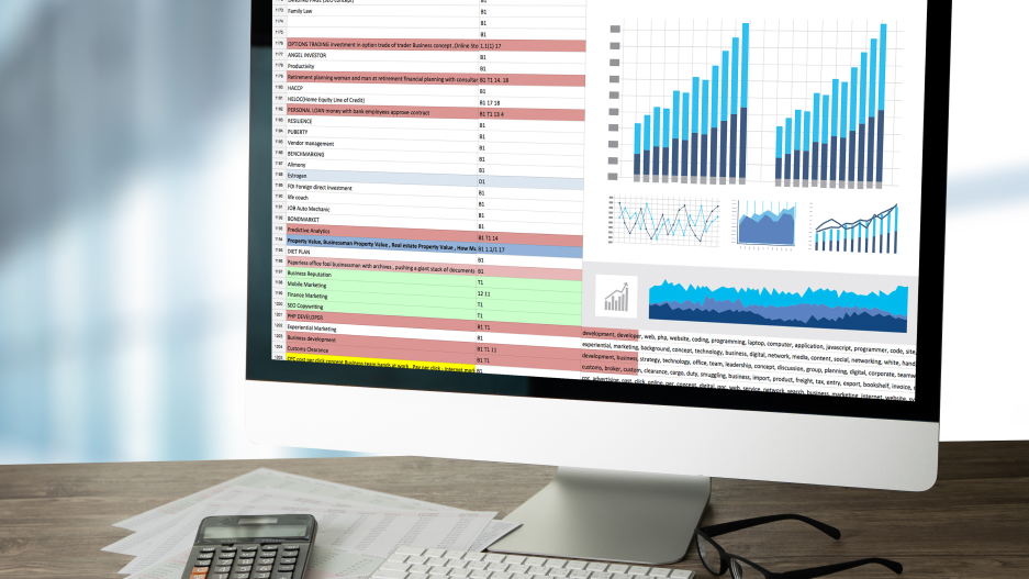 Computer with spreadsheet on screen
