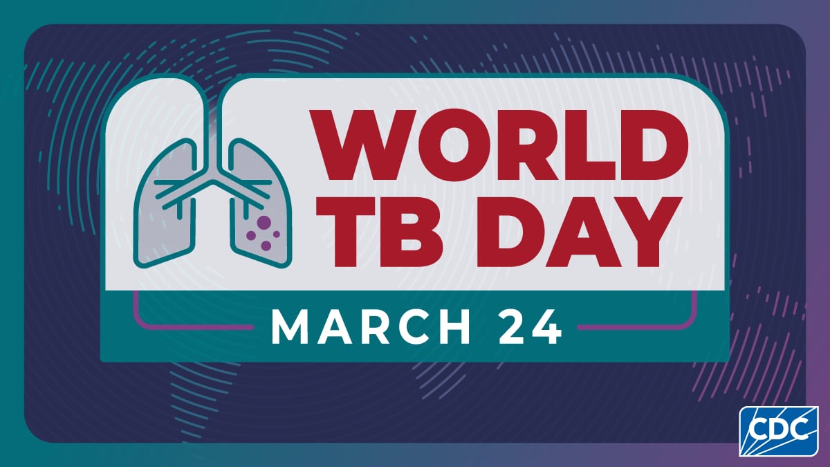 An outline of lungs over a map of the world. World TB Day March 24.