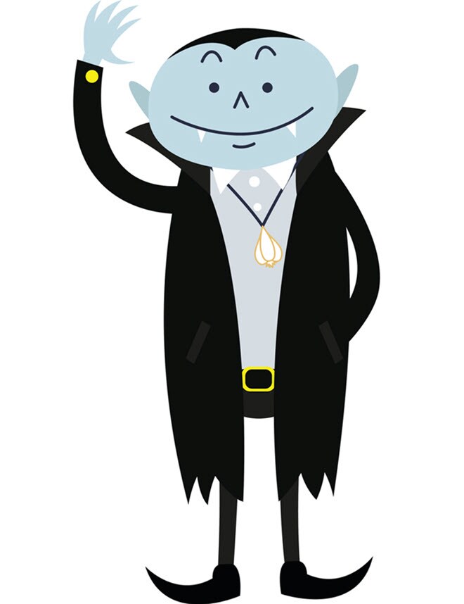 Cartoon drawing of vampire with blue skin, wearing a black long coat and garlic around his neck