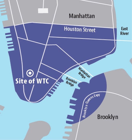 Map of NYC Disaster Area demonstrating how far the dust traveled from the World Trade Center site.