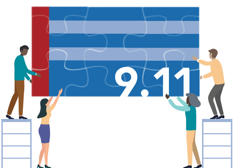 Graphic of four people working together to complete a puzzle of the World Trade Center Health Program logo