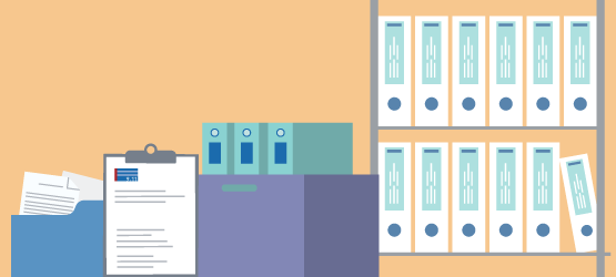 Graphic of boxes and shelves containing files.