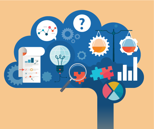 Graphic of a brain filled with charts, graphs, and research papers.