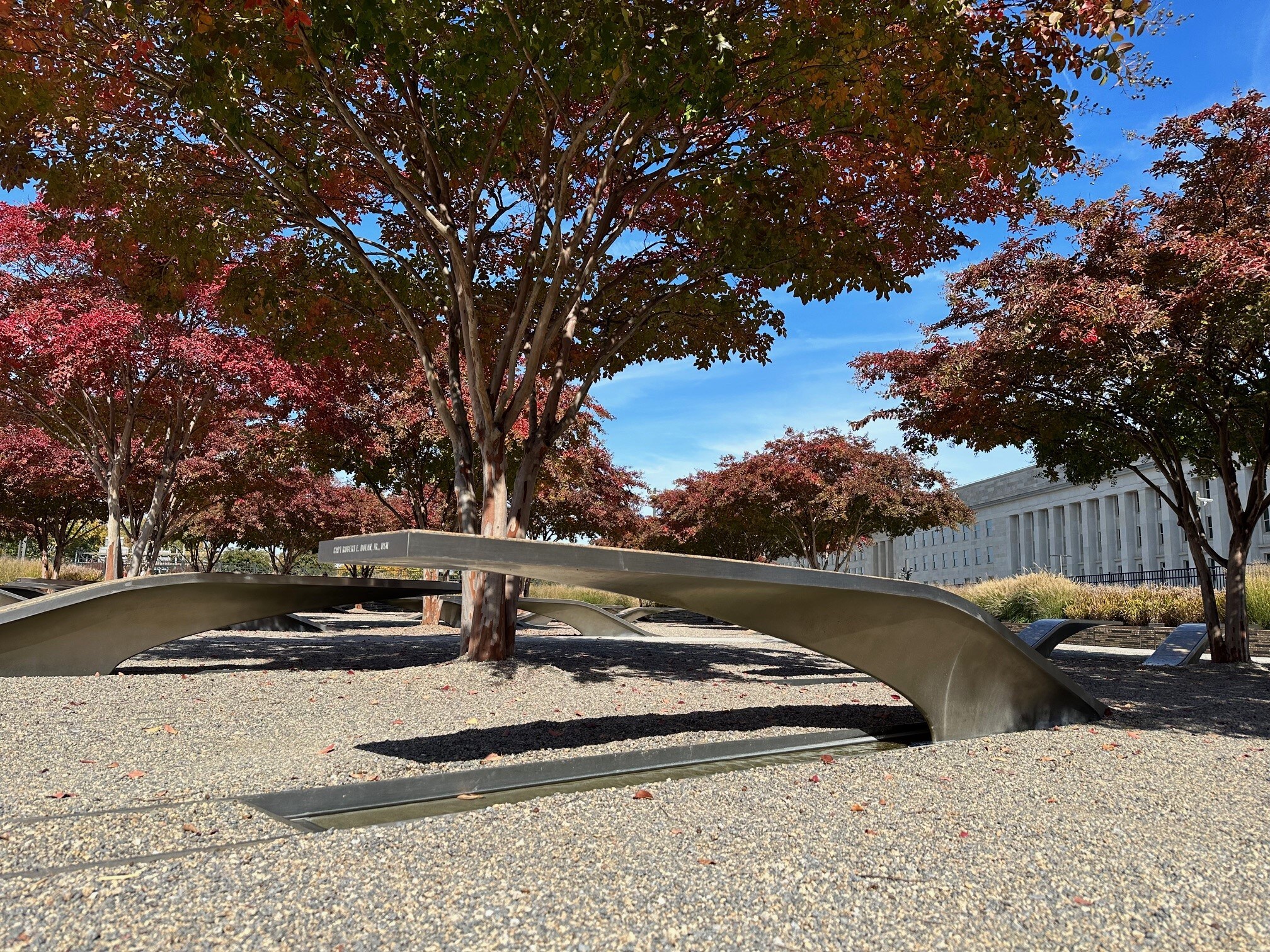 A steel bench engraved with the name of Pentagon 9/11 victims..