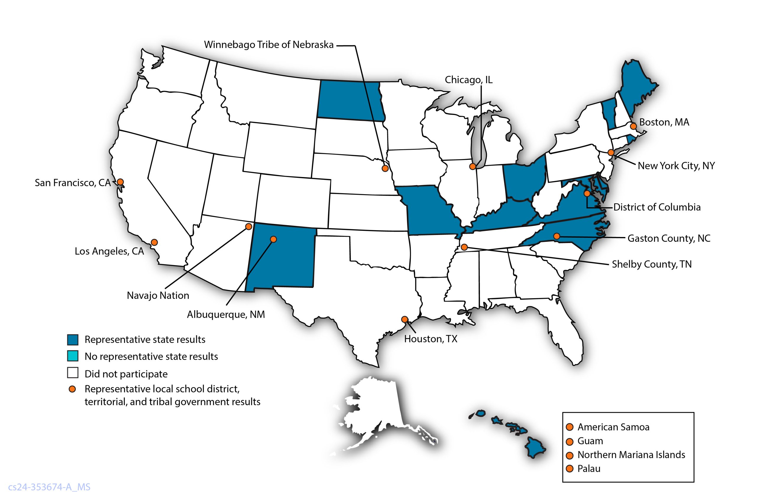 YRBSS map showing different colors for state, district, territory, and tribal government participation in 2023.